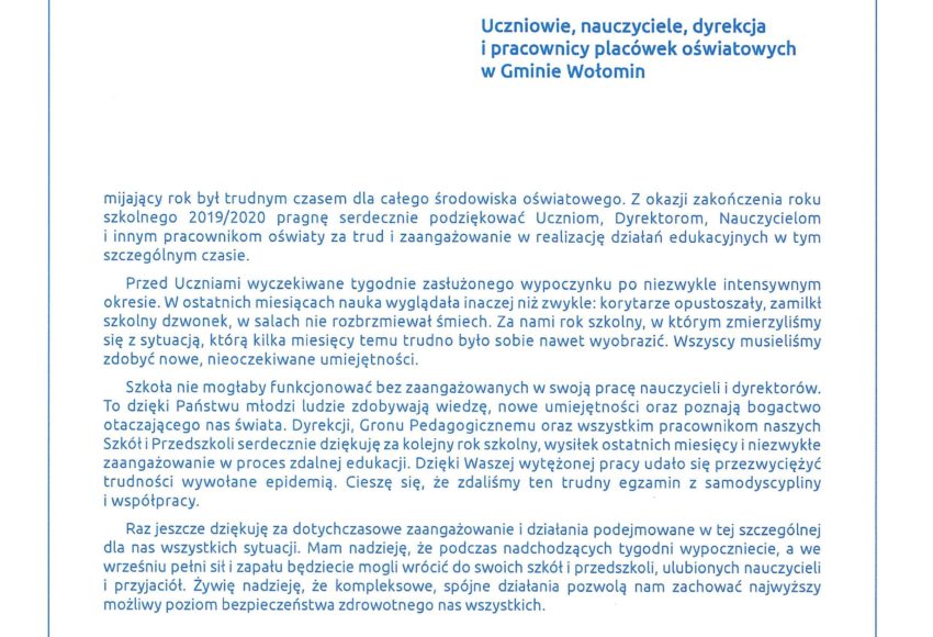 List gratulacyjny Burmistrz Wolomina oswiata