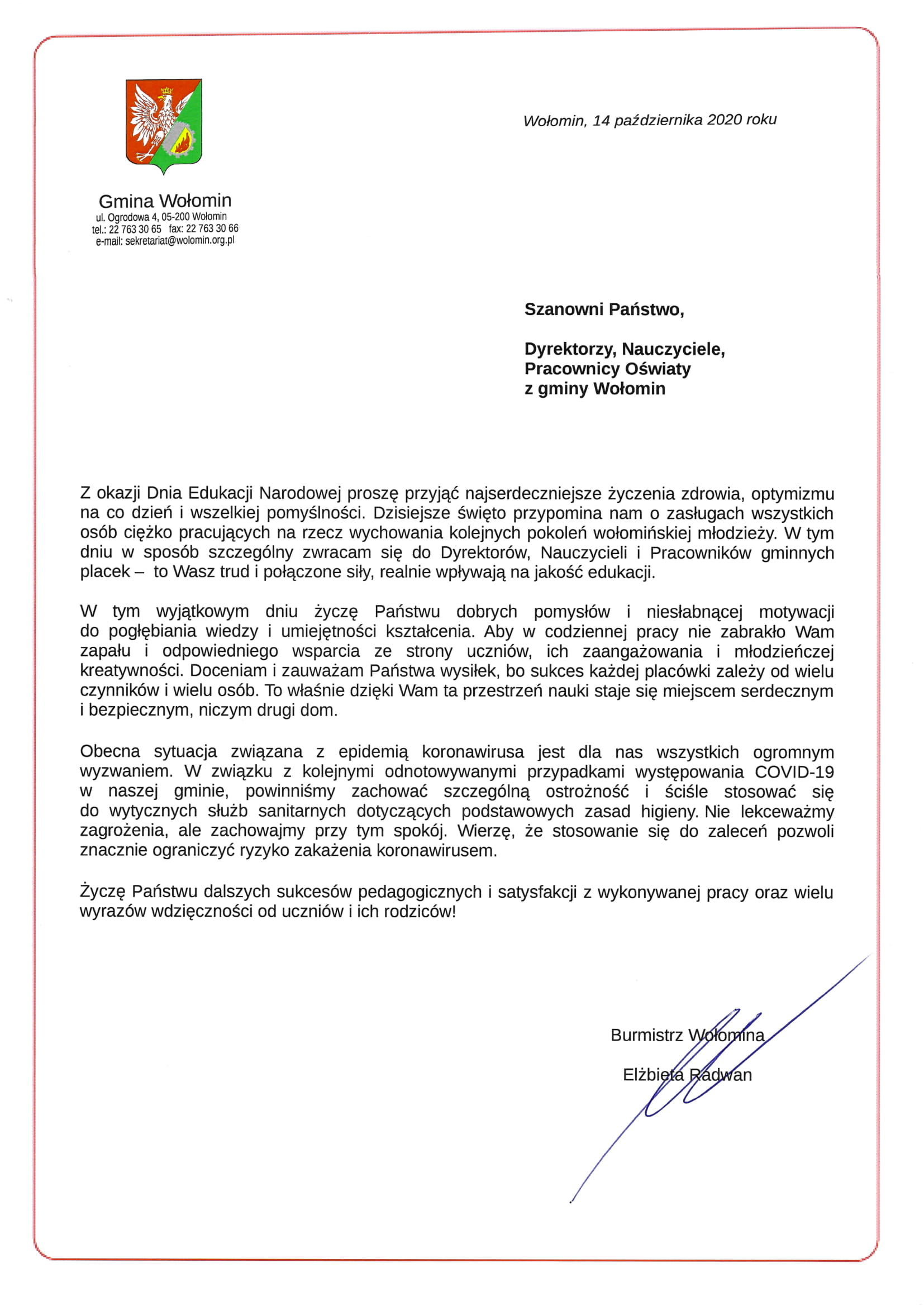 List Burmistrz Wolomina Dzien Edukacji Narodowej Gmina Wolomin 20201014